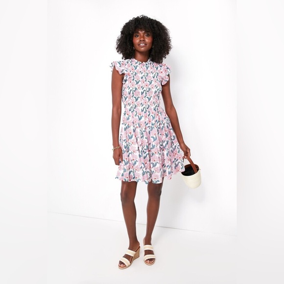 OLIPHANT Tie Cinched Flirty Mini Flutter Sleeve Dress in Pink Lucia Size XXS - Picture 2 of 7